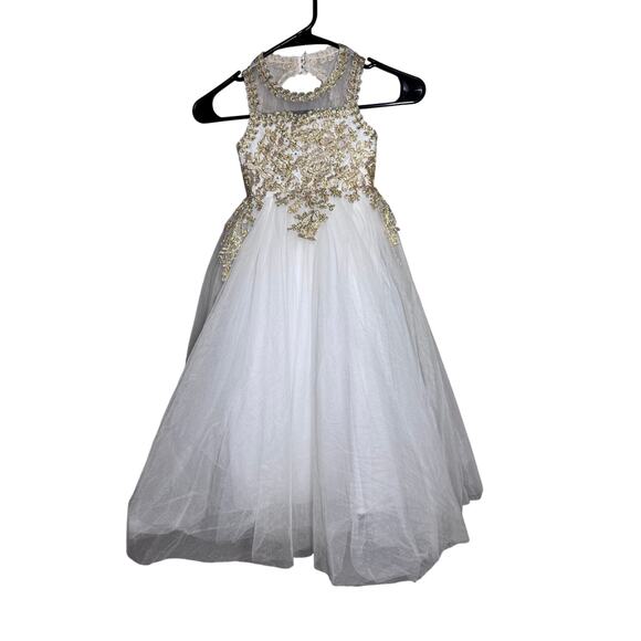 GIRLS FORMAL GOWN WITH HOOP SKIRT WHITE WITH GOLD EMBROIDARY SIZE 2-3Y - Picture 2 of 8